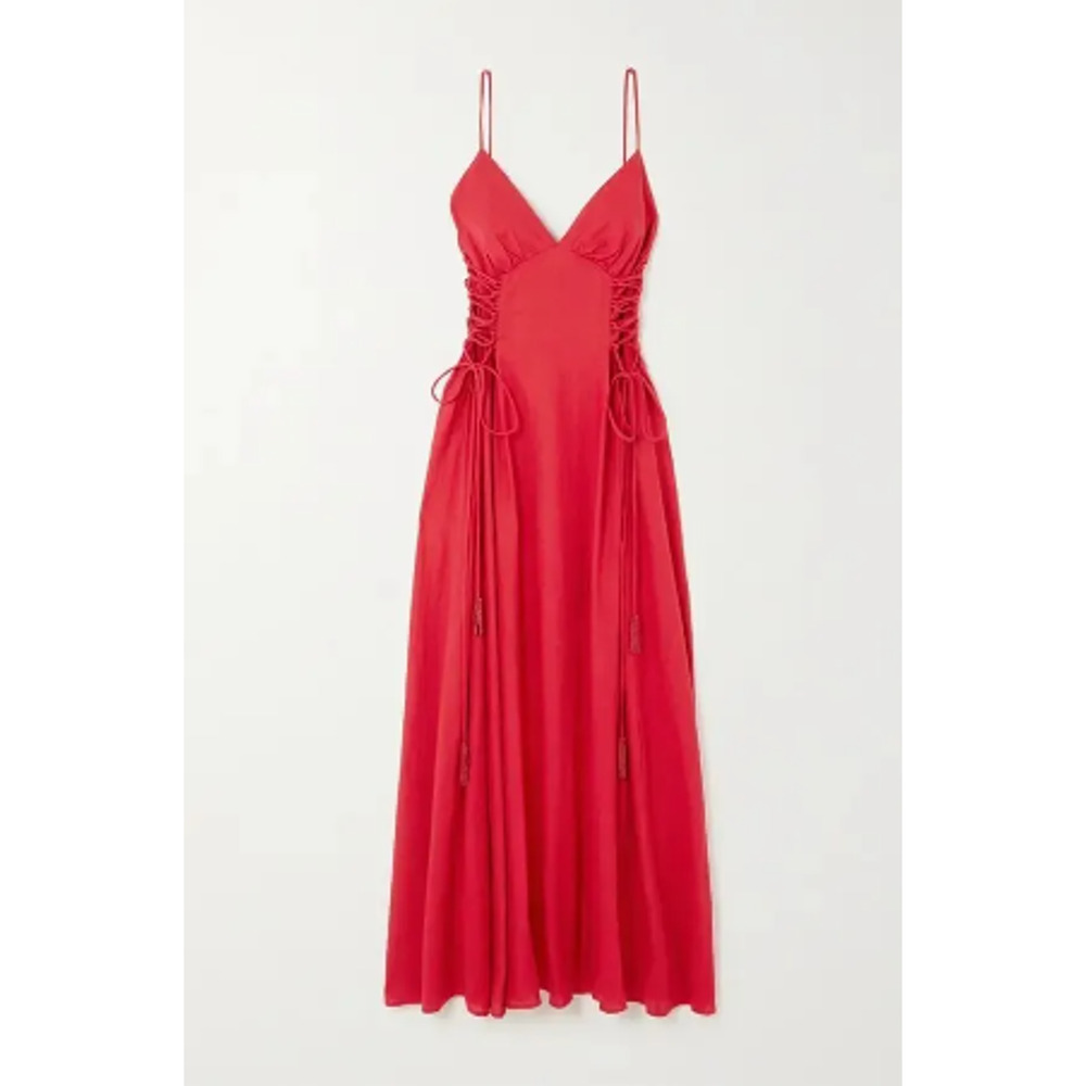 Farm Rio Linen-Blend Lace Up Midi Dress Fit & Flare Corset Glam Red Size Small - Picture 9 of 12